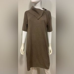 Calvin Klein Sweater Dress Asymmetrical Fold Over Zip Collar Brown Womens LG